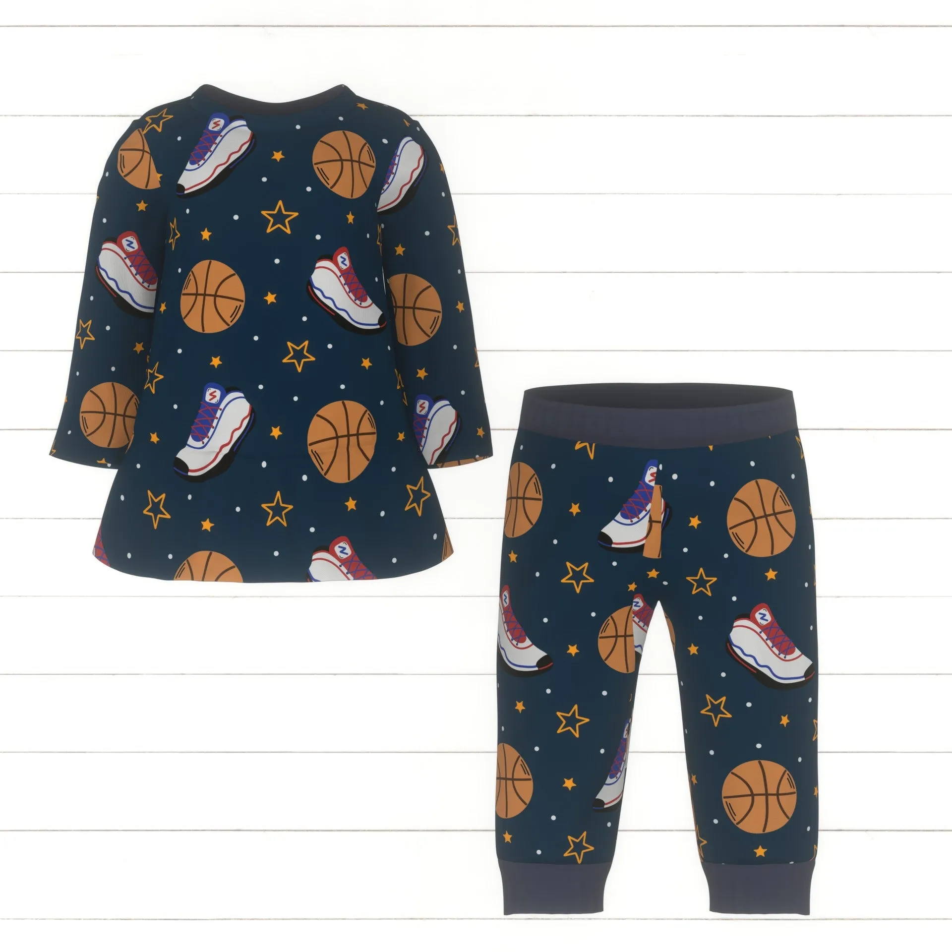 Basketball Shoes and Balls on Navy Blue