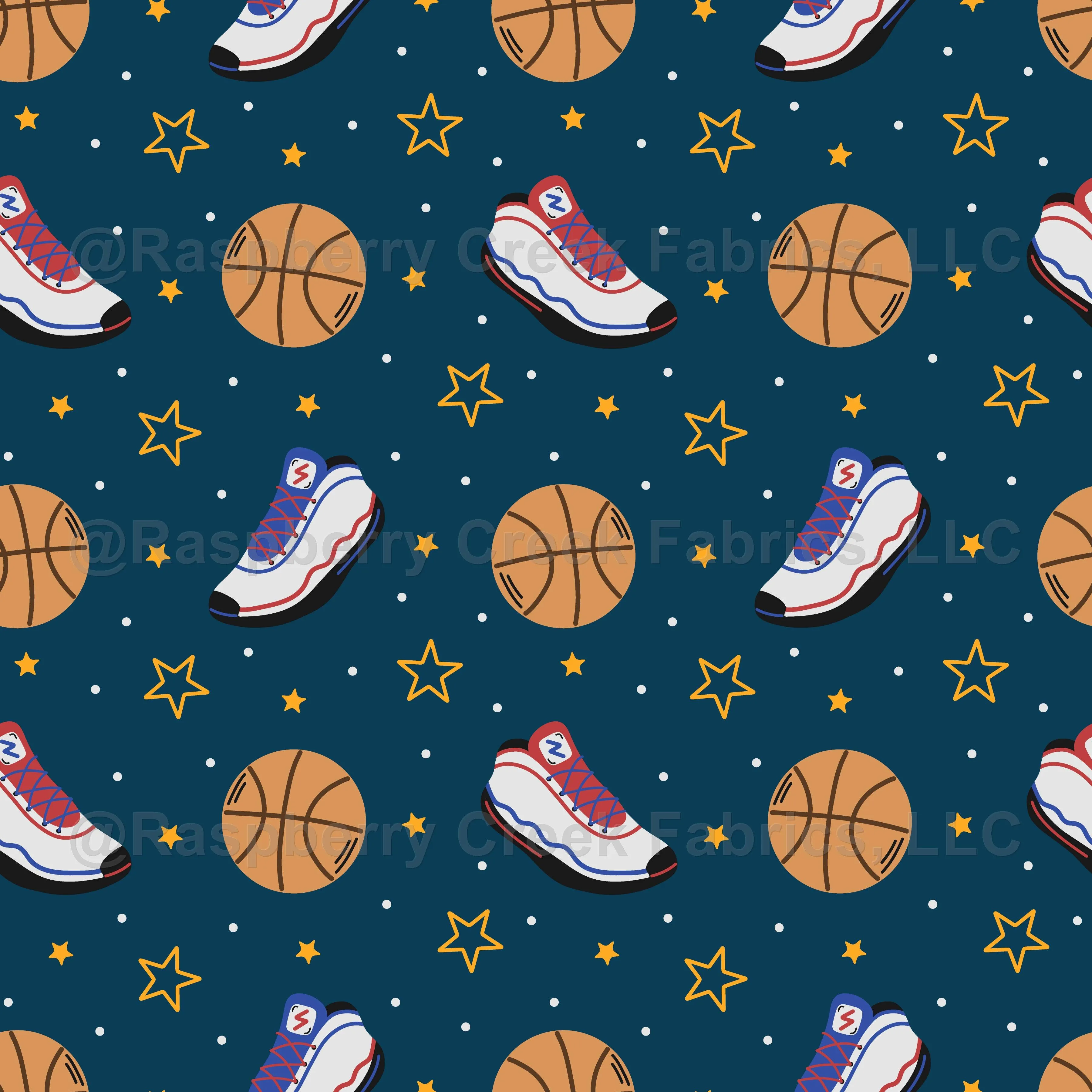 Basketball Shoes and Balls on Navy Blue