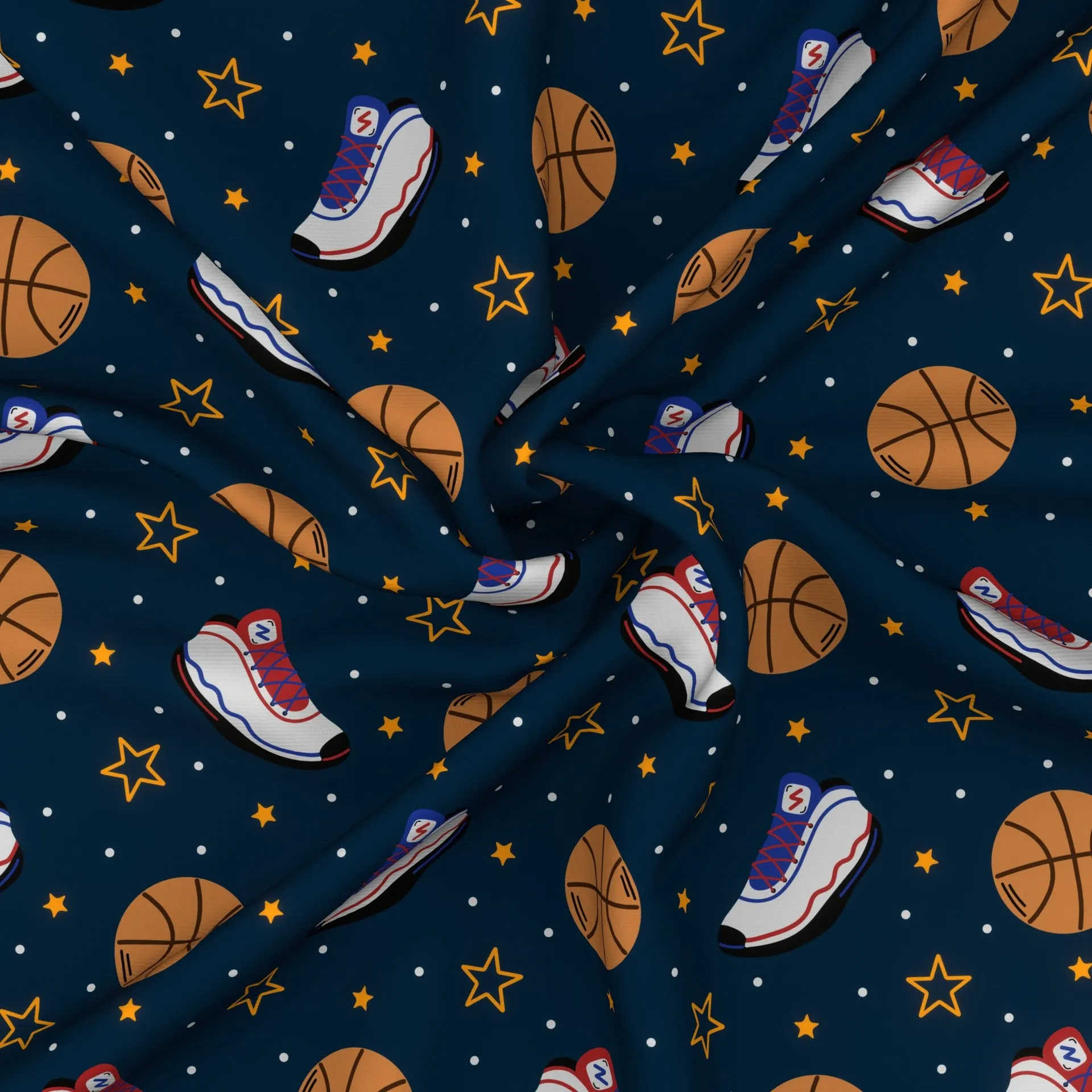 Basketball Shoes and Balls on Navy Blue