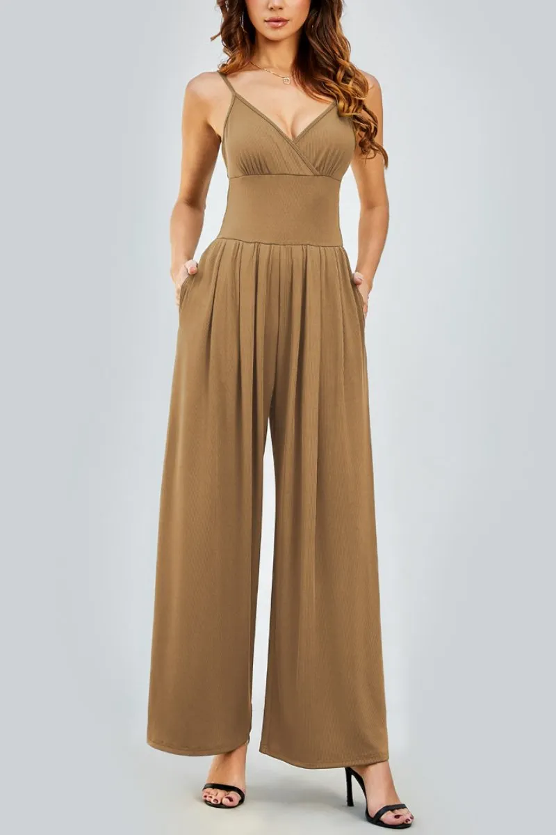 Camel Elegant Spaghetti Straps Thin Waist Backless Wide Leg Jumpsuit
