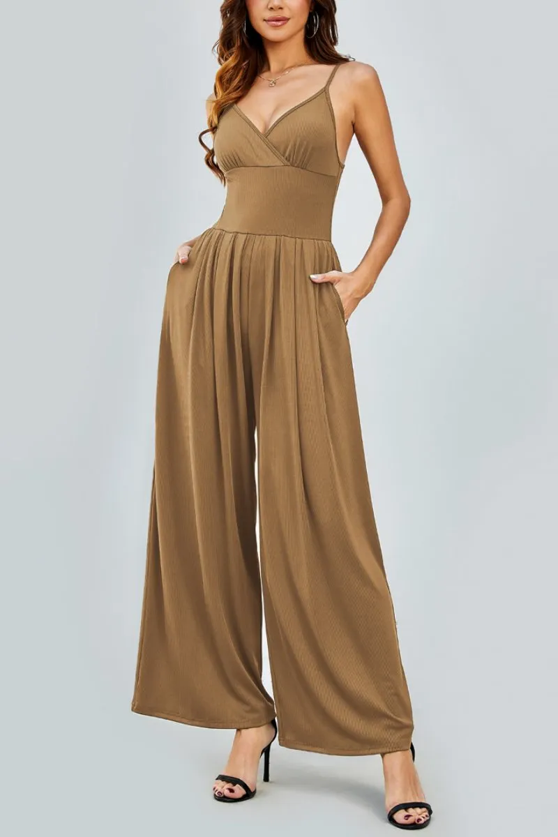 Camel Elegant Spaghetti Straps Thin Waist Backless Wide Leg Jumpsuit