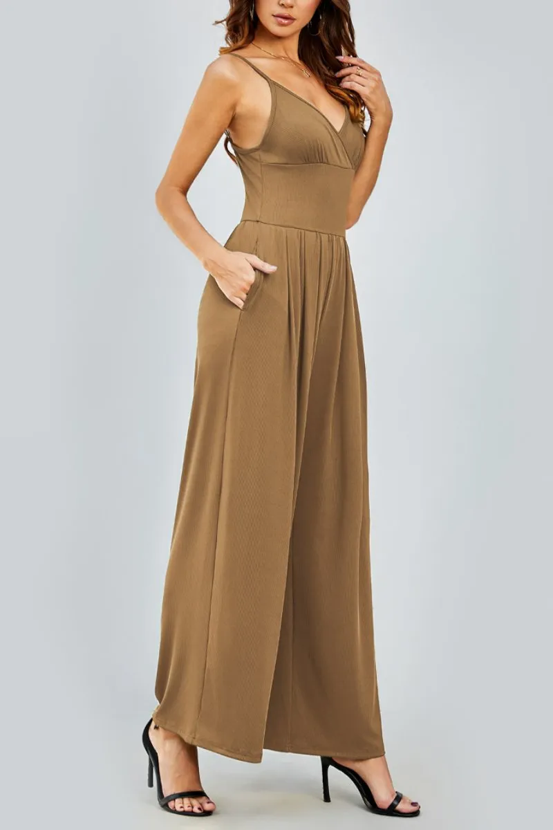 Camel Elegant Spaghetti Straps Thin Waist Backless Wide Leg Jumpsuit