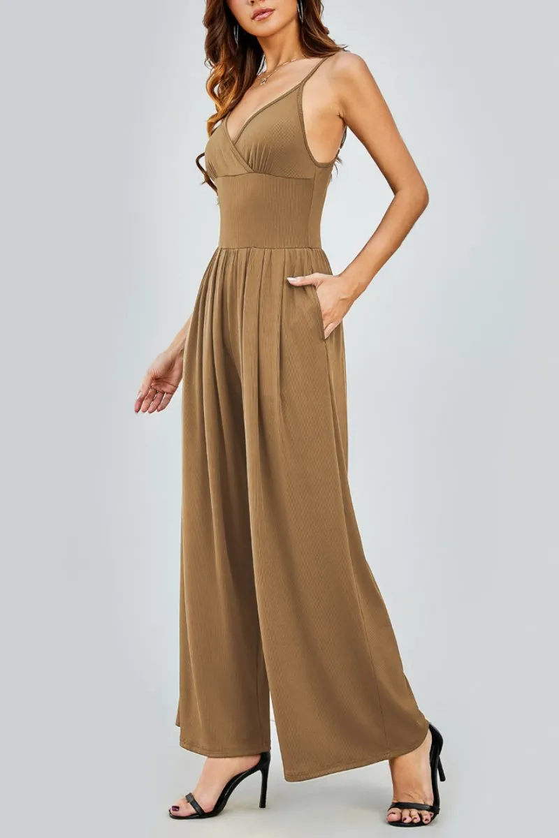 Camel Elegant Spaghetti Straps Thin Waist Backless Wide Leg Jumpsuit