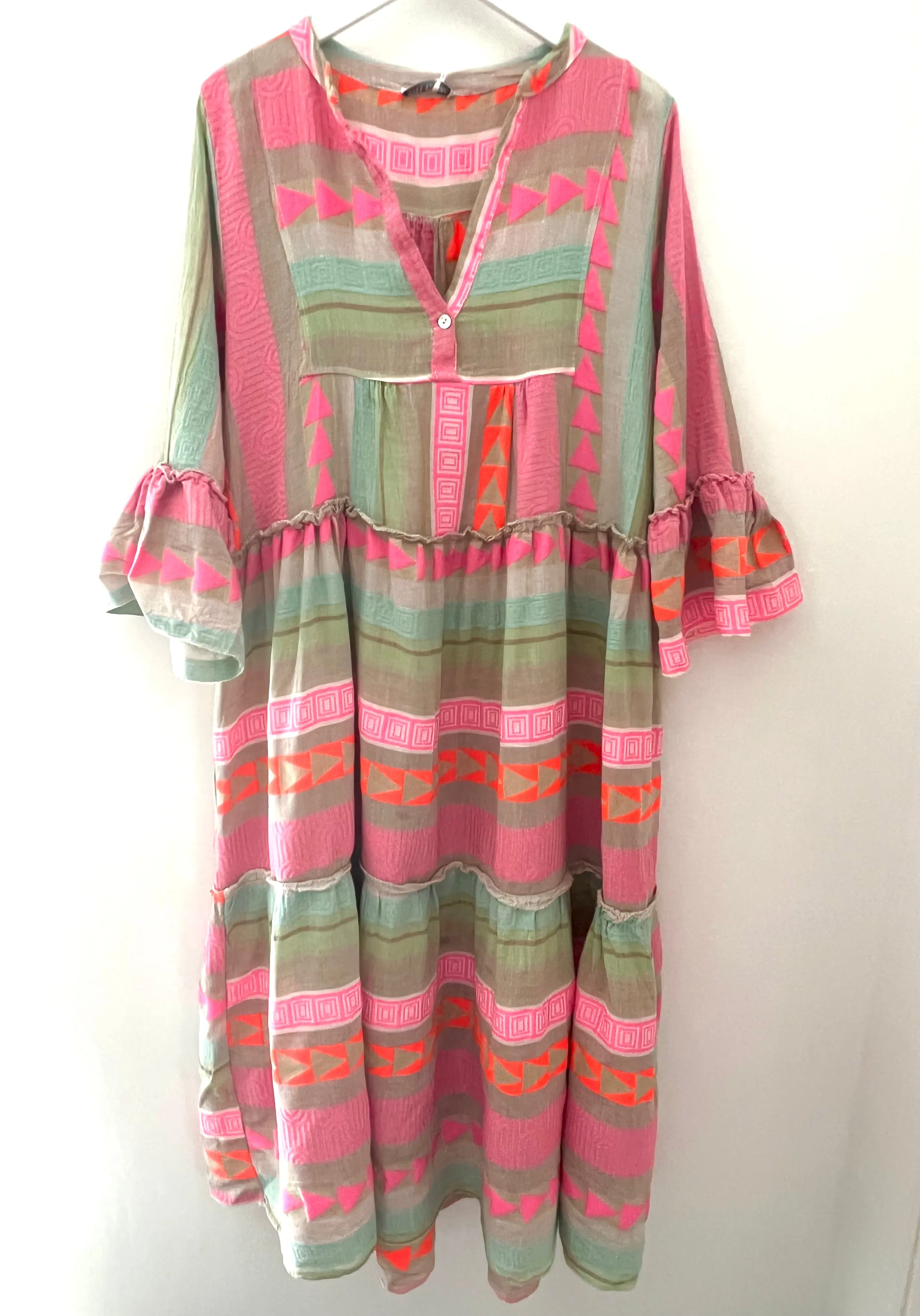 Embroidered Midi Dress in Khaki & Pink