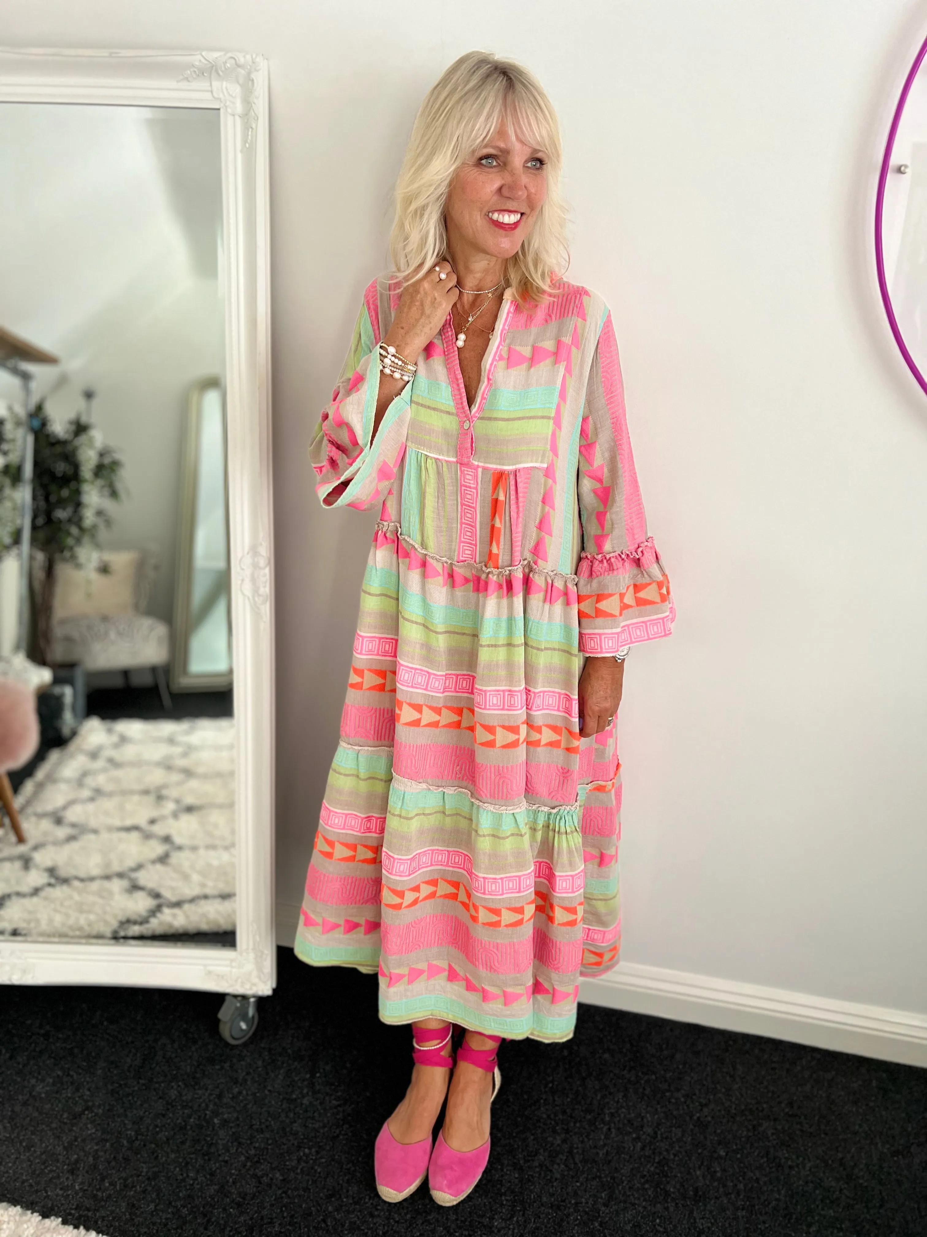 Embroidered Midi Dress in Khaki & Pink