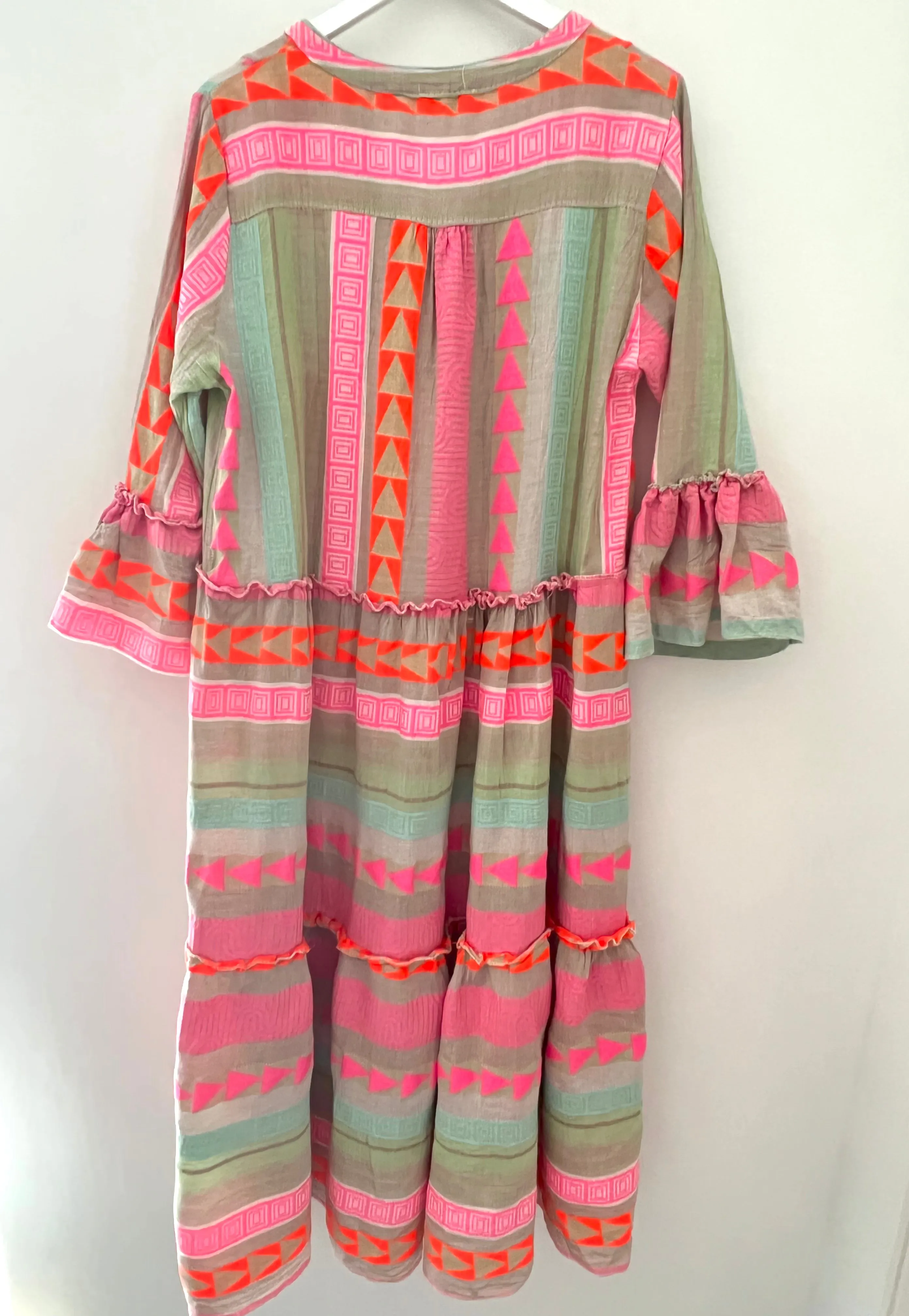 Embroidered Midi Dress in Khaki & Pink