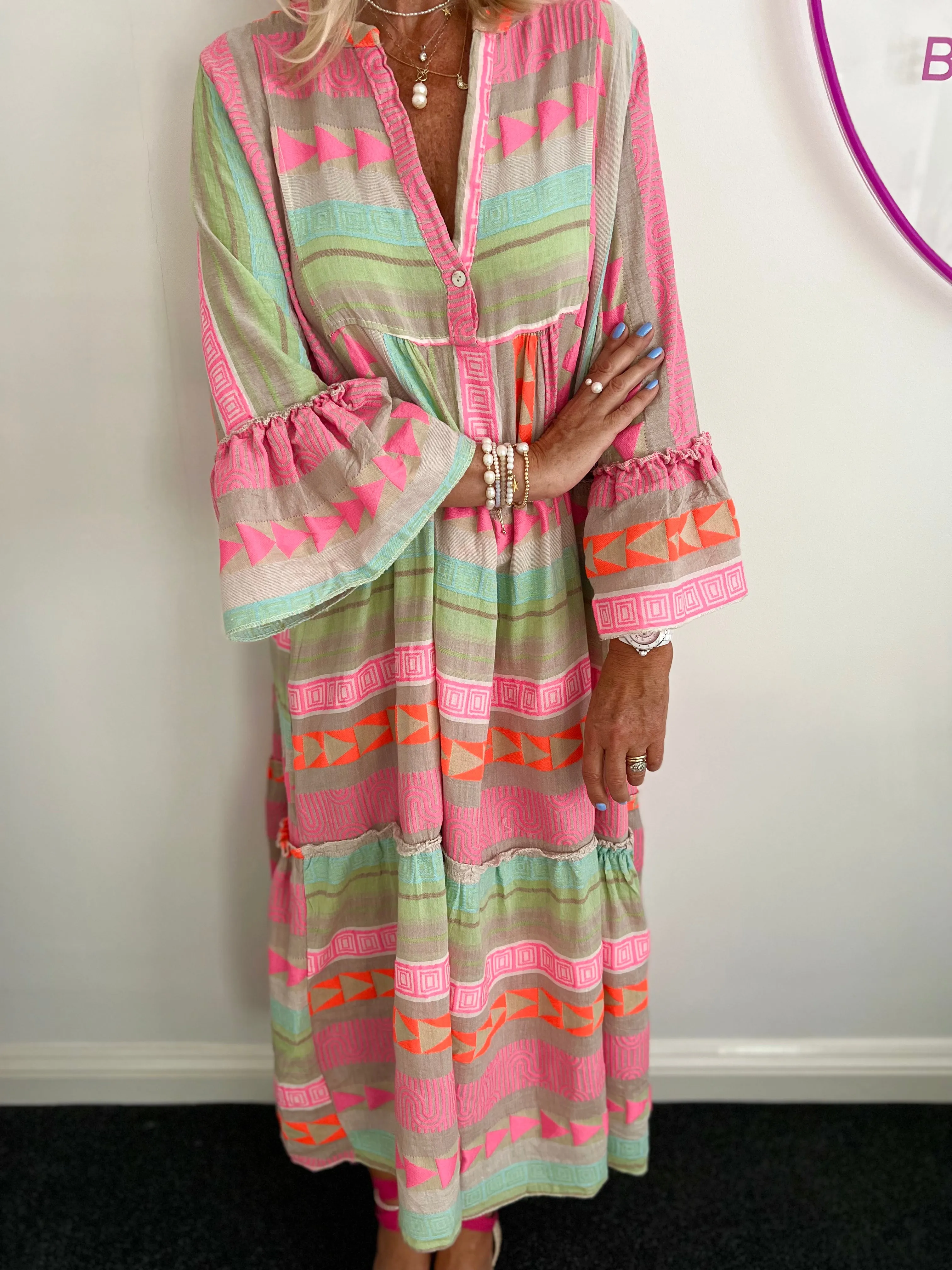 Embroidered Midi Dress in Khaki & Pink