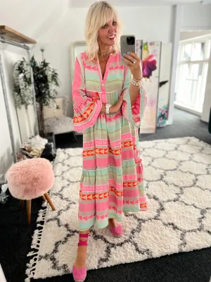 Embroidered Midi Dress in Khaki & Pink