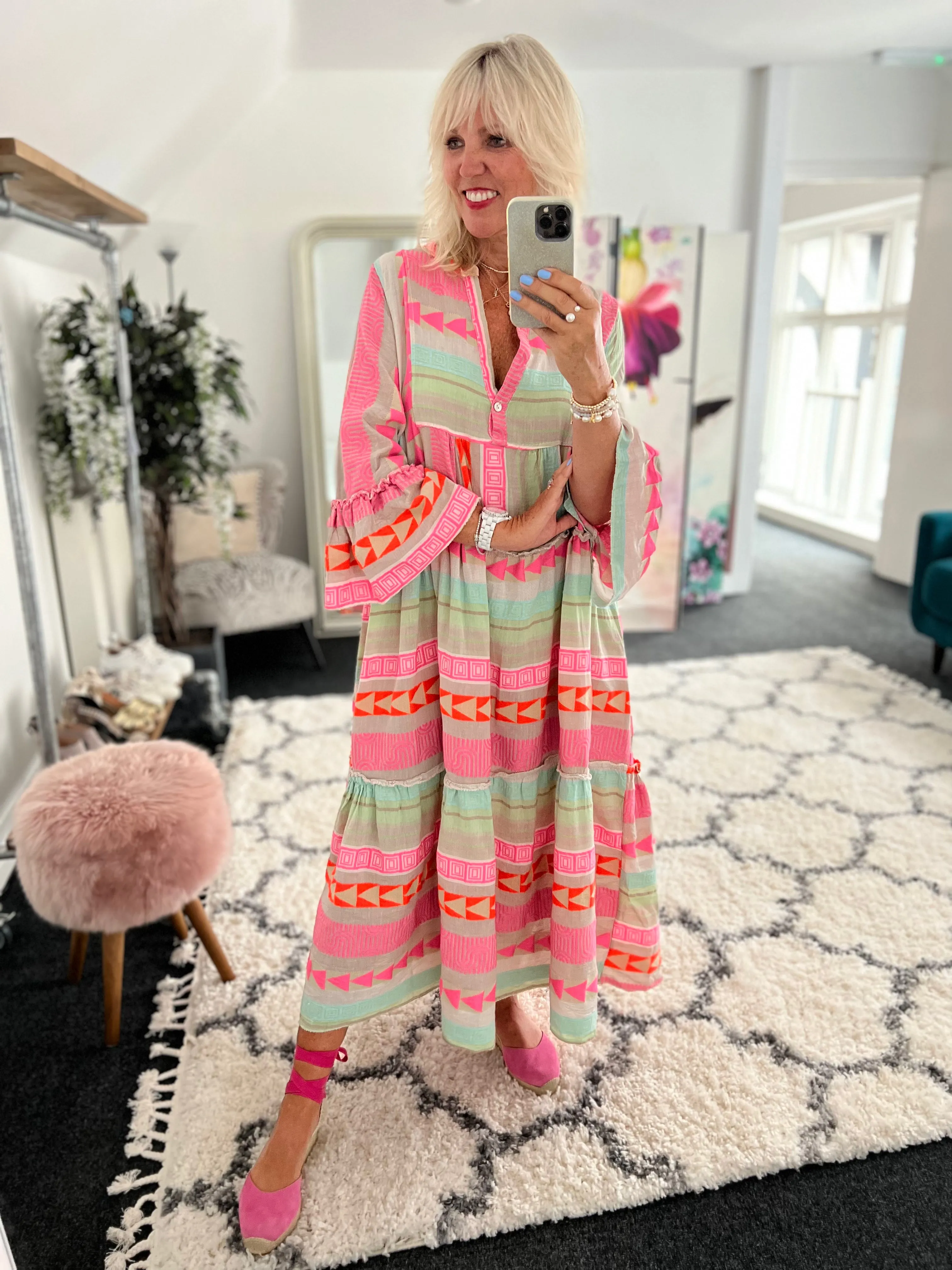 Embroidered Midi Dress in Khaki & Pink