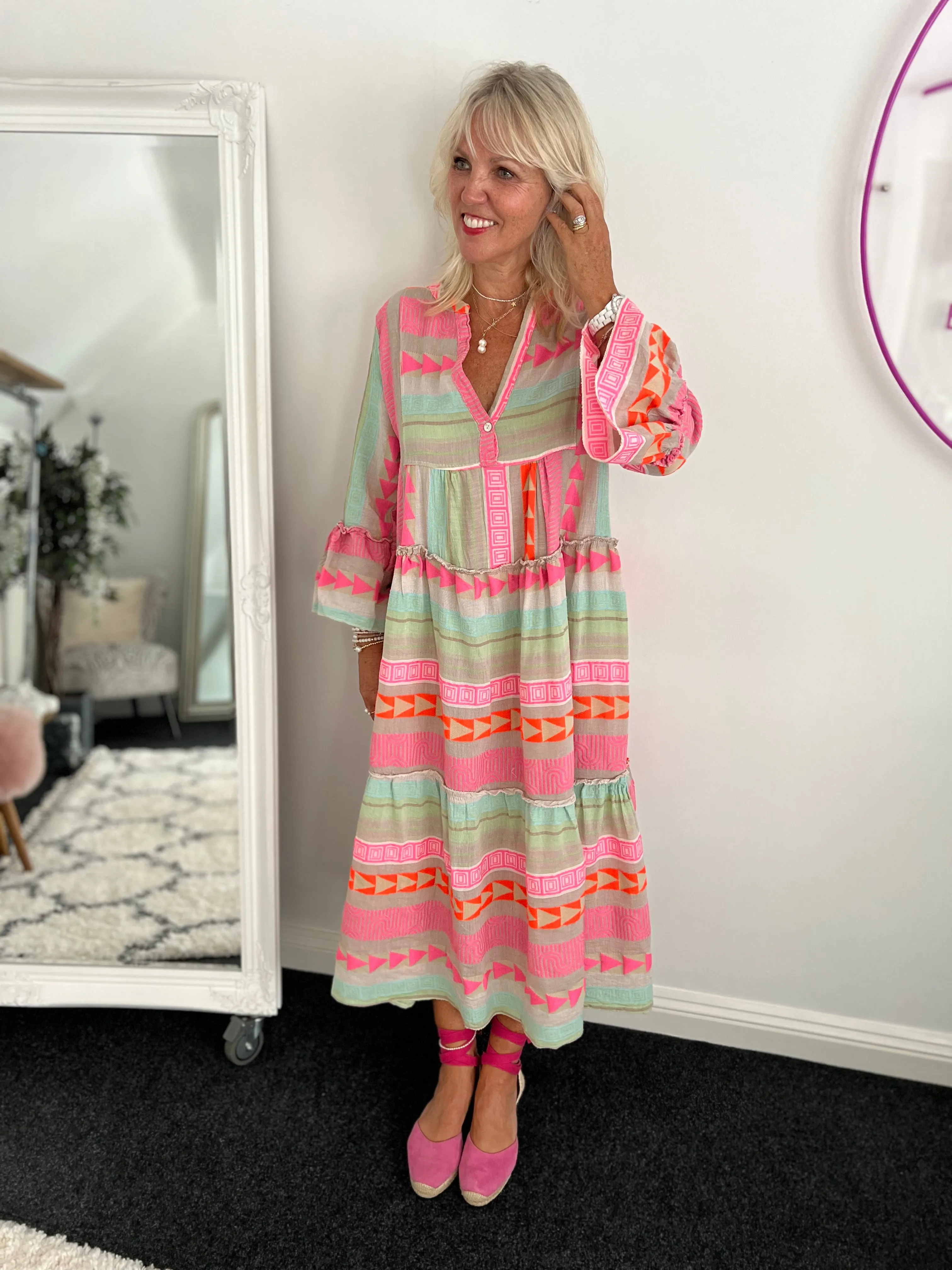 Embroidered Midi Dress in Khaki & Pink