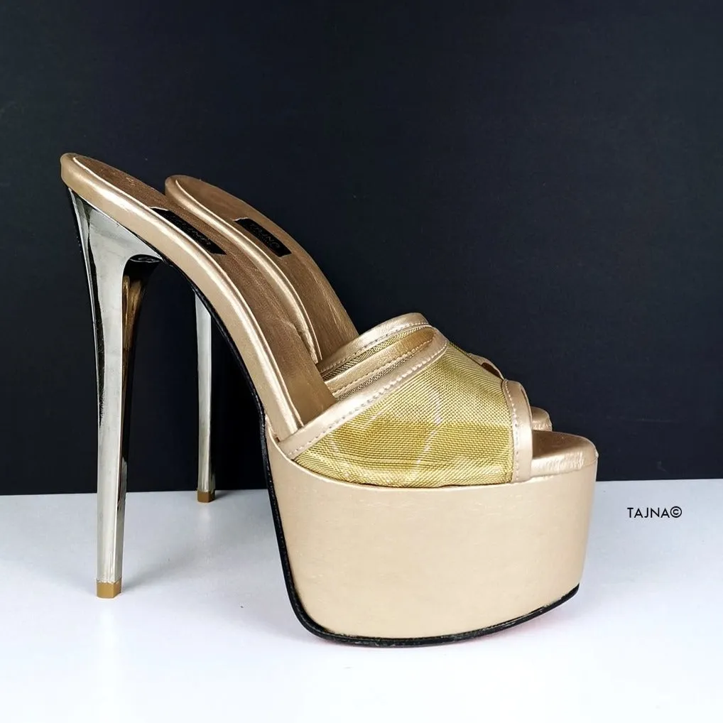 Gold Transparent Fishnet Heeld Mules