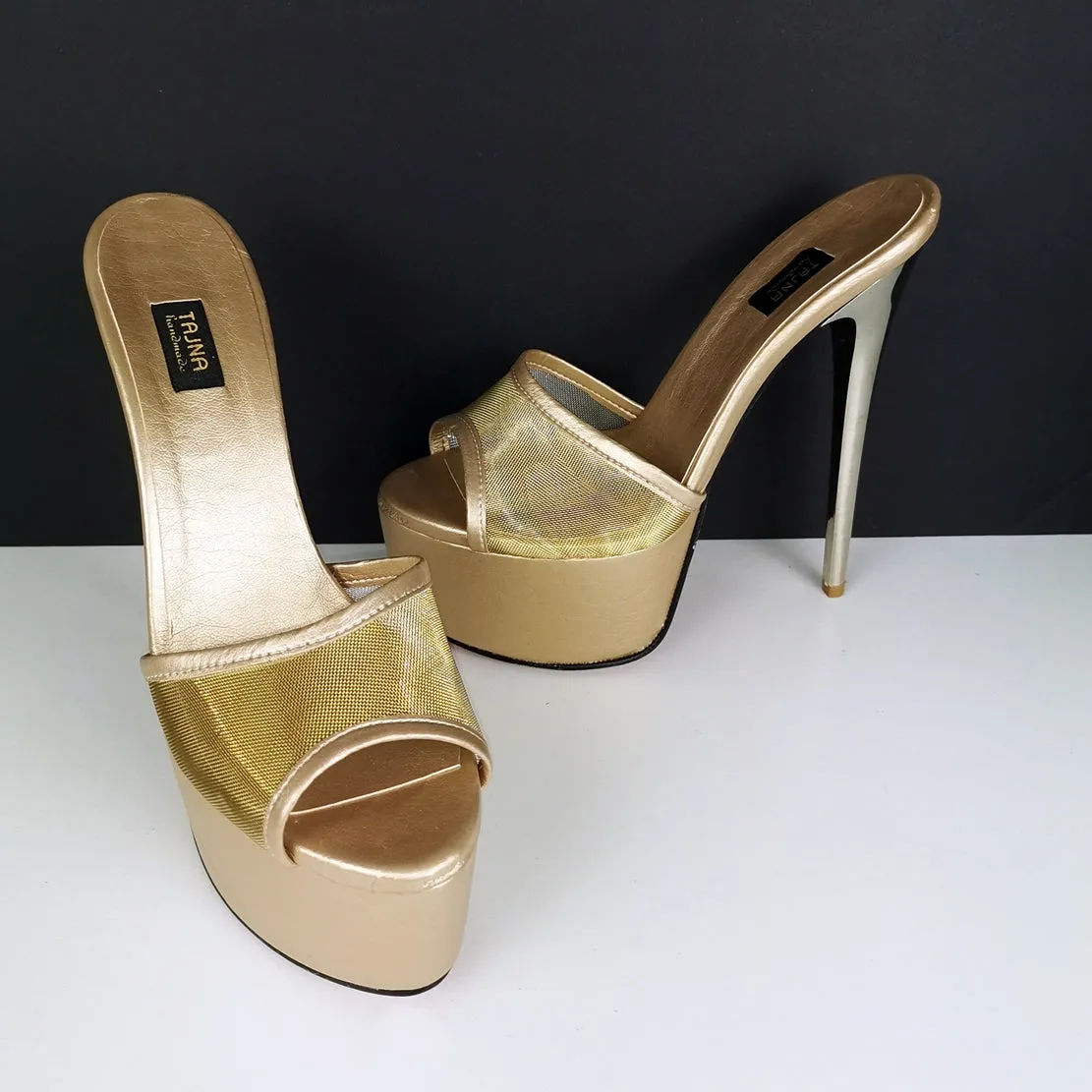 Gold Transparent Fishnet Heeld Mules