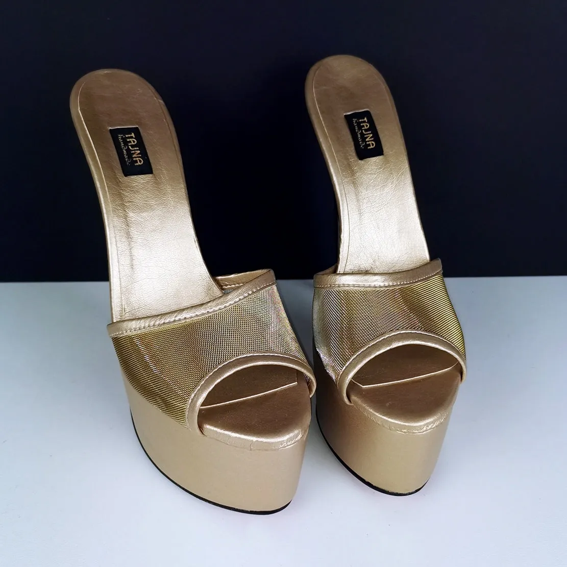 Gold Transparent Fishnet Heeld Mules