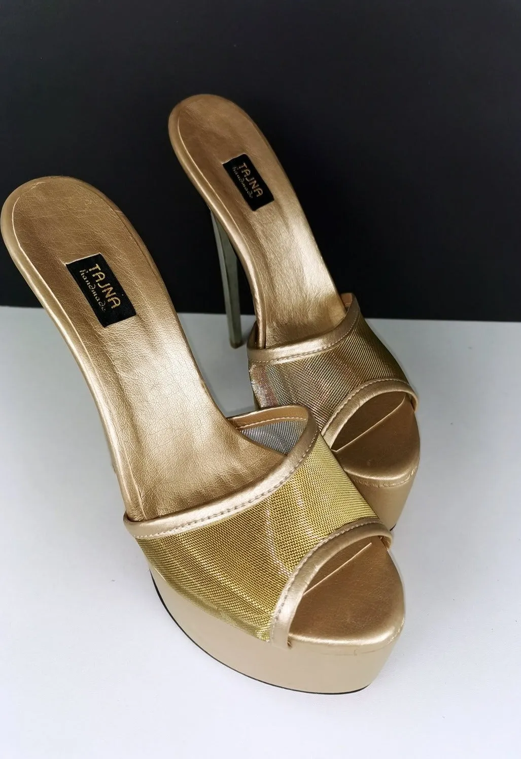 Gold Transparent Fishnet Heeld Mules