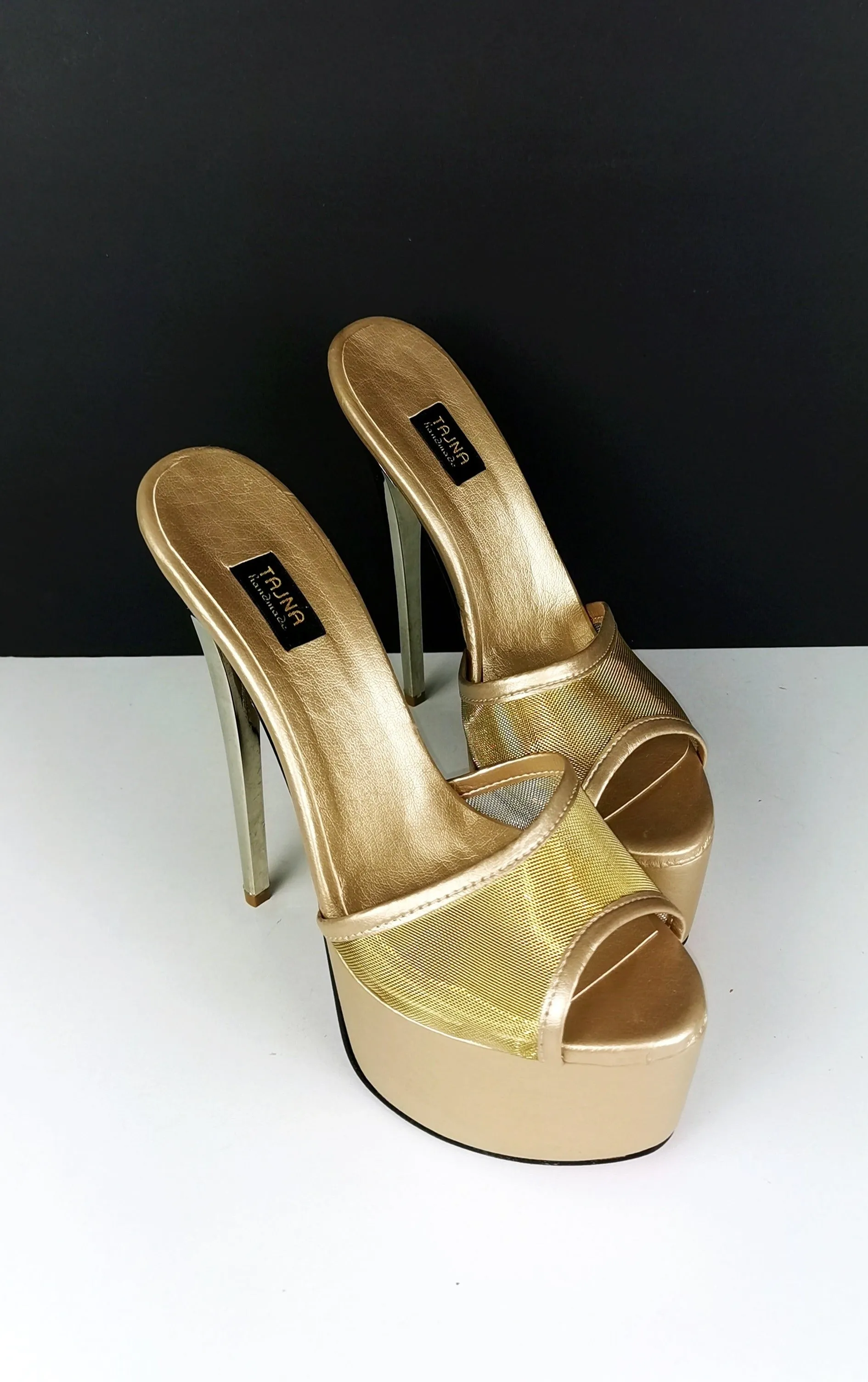 Gold Transparent Fishnet Heeld Mules
