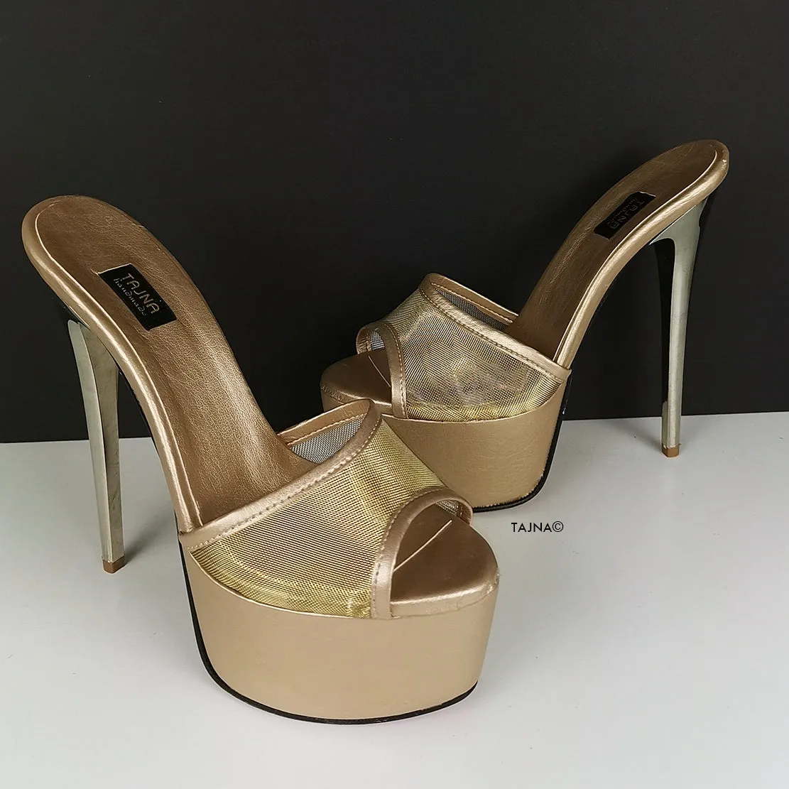 Gold Transparent Fishnet Heeld Mules
