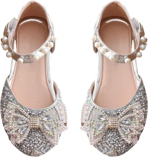 Kids Girls Mary Jane Ballerina Shoes hinestones Bowknot Flower Girls Wedding Pary Pearl Strap Dress Shoes