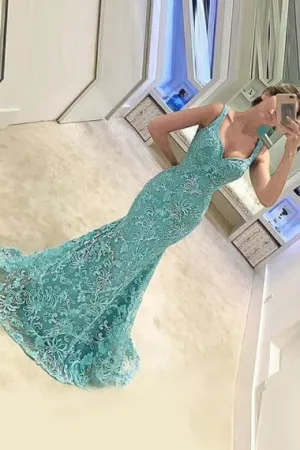 Mermaid Straps Sweep Train Turquoise Tulle Prom Dress with Appliques AHC677