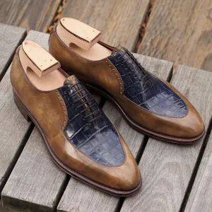Navy Blue Crocodile Print and Tan Leather Janeiro Brogue Oxfords - Alligator Print Shoes
