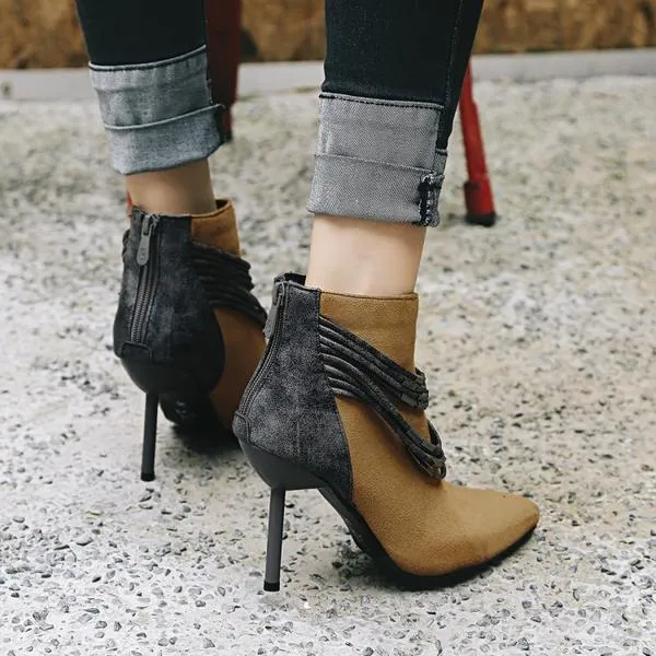 Pointed Tod Chain Decorate High Stiletto Heels Short Boots