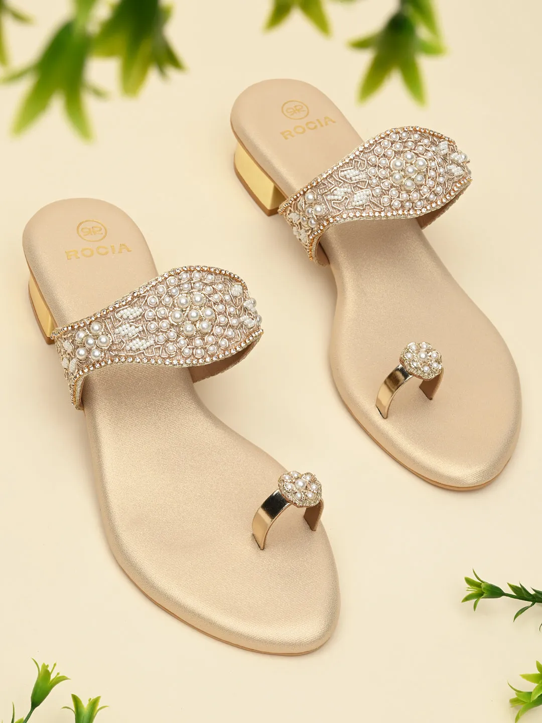 Rocia By Regal Gold Women One Toe Embroidered Sandals
