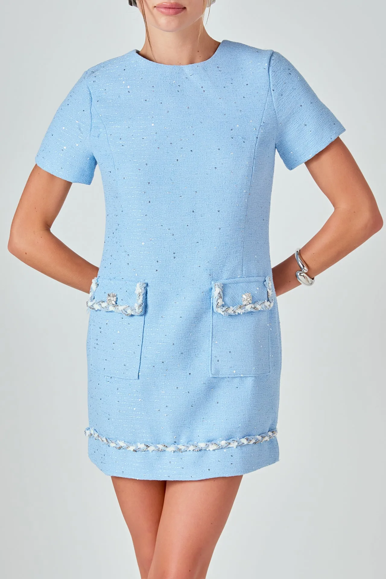 Romy Chain Embellished Short Sleeve Tweed Mini Dress