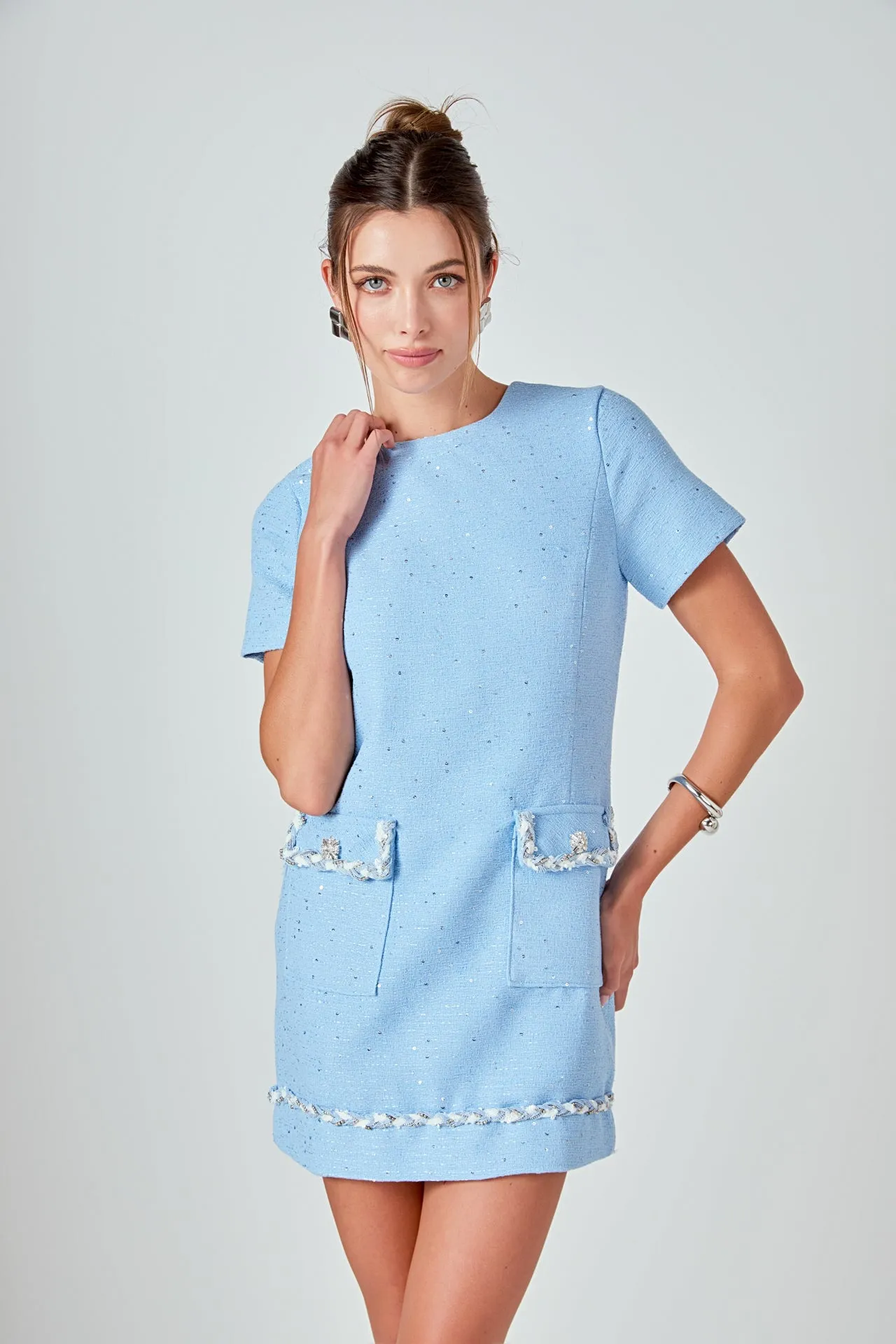 Romy Chain Embellished Short Sleeve Tweed Mini Dress