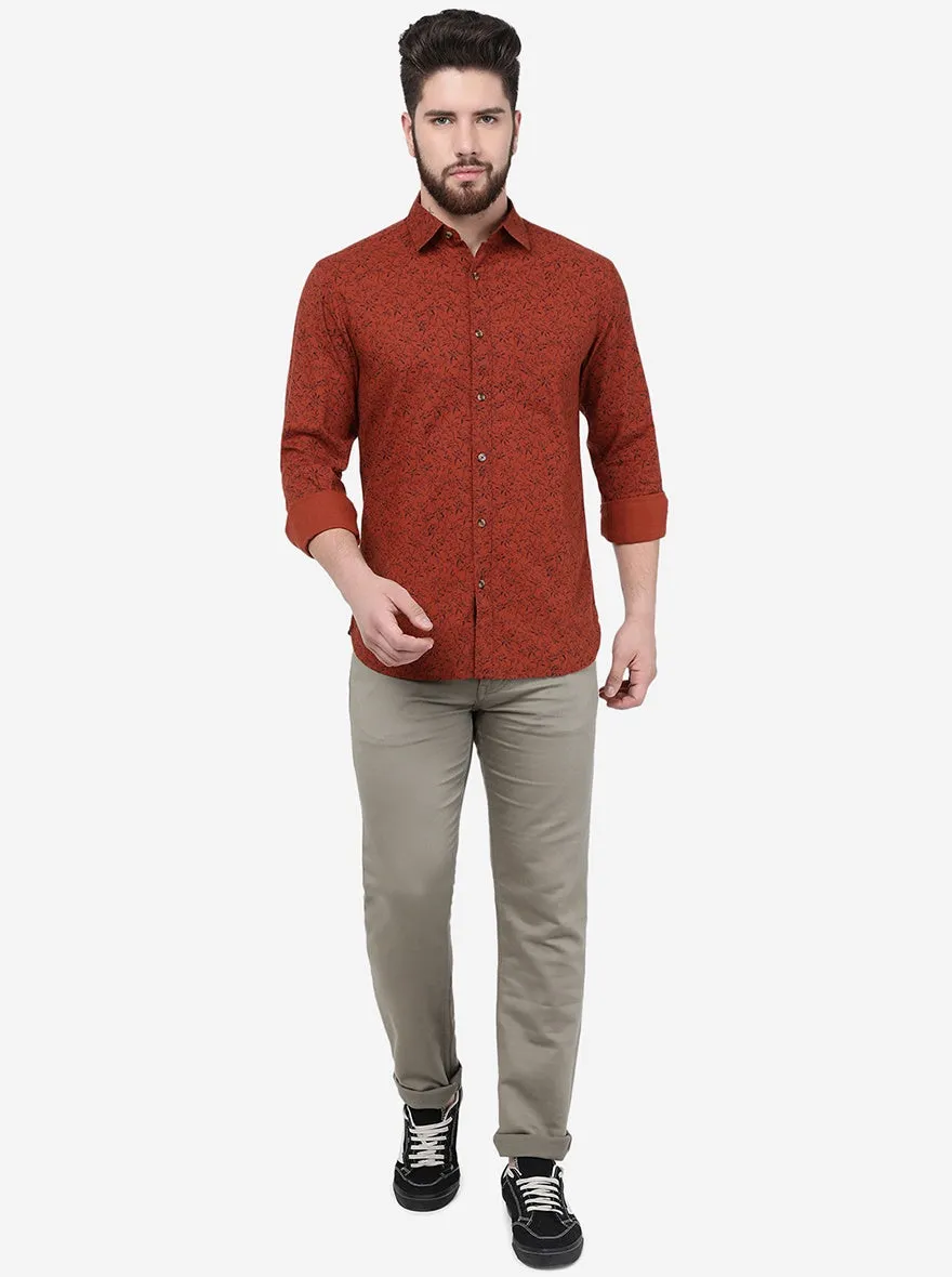 Rust Printed Slim Fit Casual Shirt | Greenfibre