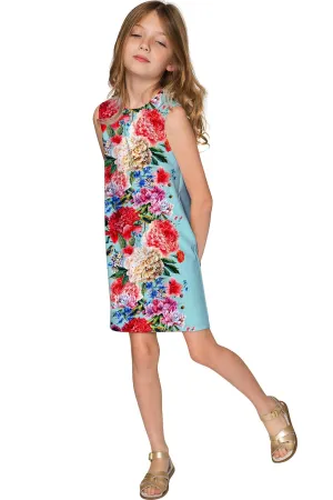 SAMPLE SALE - Amour Adele Blue Floral Print Chic Shift Party Dress - Girls