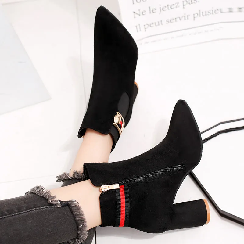 Scrub Pure color Side Zipper Chunky Heel Pointed Toe High Heels Ankle Boots