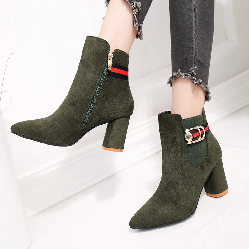 Scrub Pure color Side Zipper Chunky Heel Pointed Toe High Heels Ankle Boots