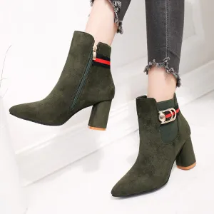 Scrub Pure color Side Zipper Chunky Heel Pointed Toe High Heels Ankle Boots