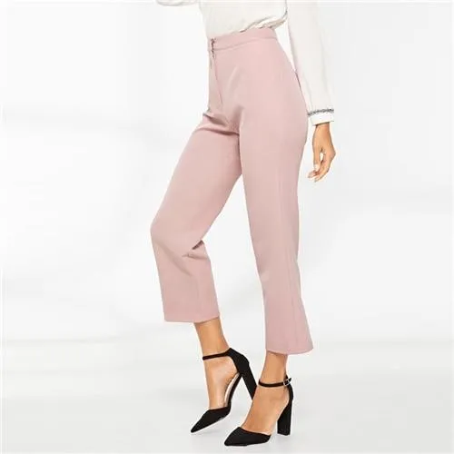 SHEIN Pink Cropped Solid Tailored Straight Leg Zipper FlyPants 2019 Spring Women Modern Lady Elegant Spring Plain Pants