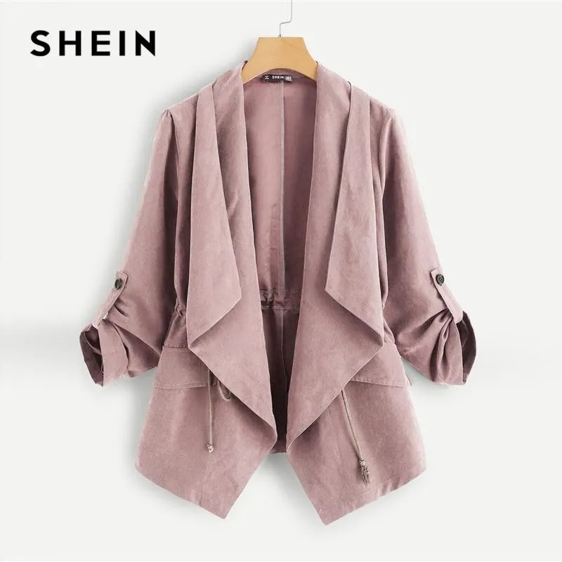 SHEIN Pink Pocket Front Drawstring Pleated Buttoned Sleeve Open Stitch Solid Trench Coat Casual Spring Women Coats Outerwear