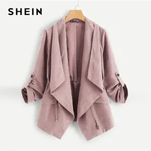 SHEIN Pink Pocket Front Drawstring Pleated Buttoned Sleeve Open Stitch Solid Trench Coat Casual Spring Women Coats Outerwear