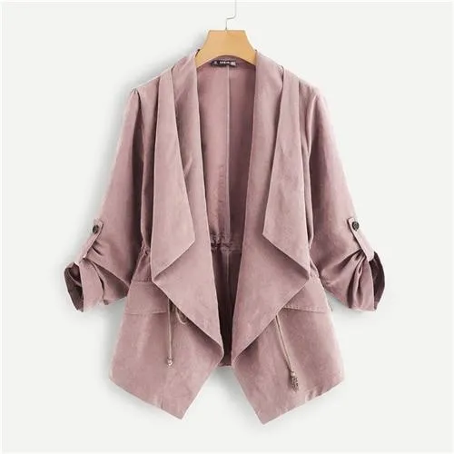 SHEIN Pink Pocket Front Drawstring Pleated Buttoned Sleeve Open Stitch Solid Trench Coat Casual Spring Women Coats Outerwear