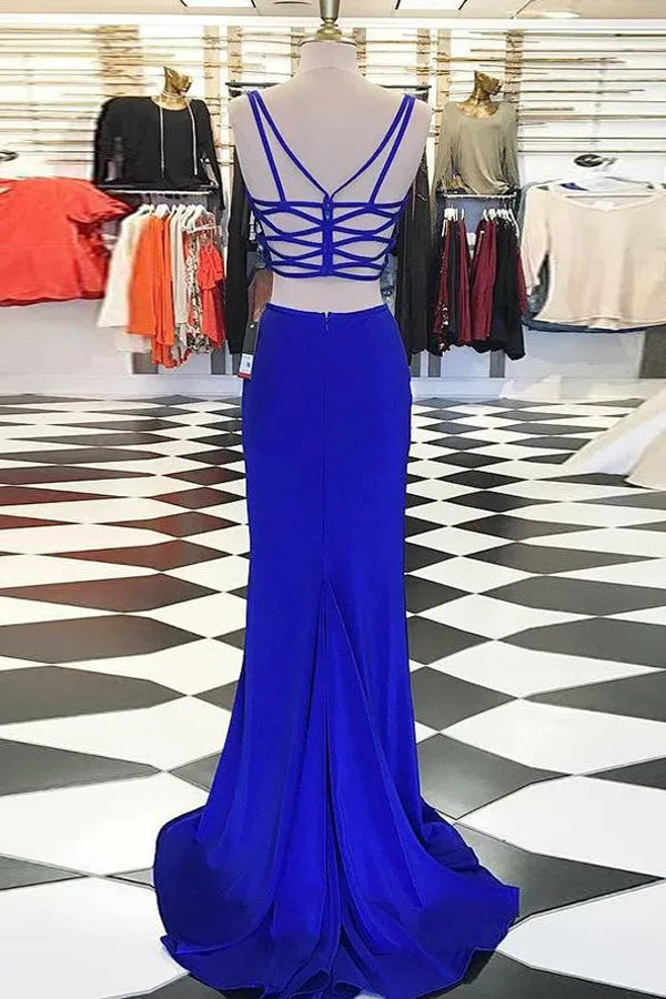 Two Piece Deep V-Neck Criss-Cross Straps Royal Blue Stretch Satin Split Prom Dress LR379