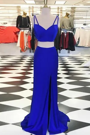 Two Piece Deep V-Neck Criss-Cross Straps Royal Blue Stretch Satin Split Prom Dress LR379
