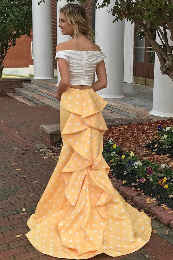 Two Piece Off-the-Shoulder Sweep Train Spots Yellow Satin Prom Dress with Ruffles LR76