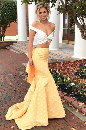 Two Piece Off-the-Shoulder Sweep Train Spots Yellow Satin Prom Dress with Ruffles LR76