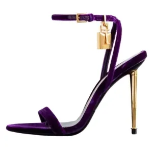 Velvet Padlock Decor Metal High Heels Open Toe Sandals