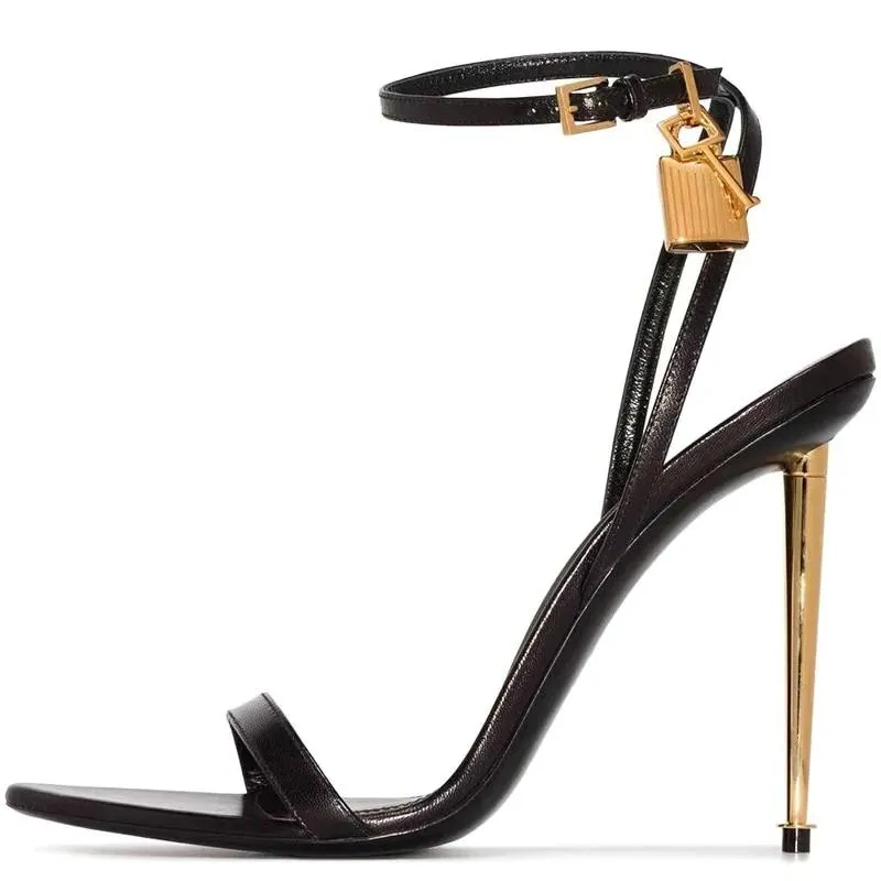 Velvet Padlock Decor Metal High Heels Open Toe Sandals