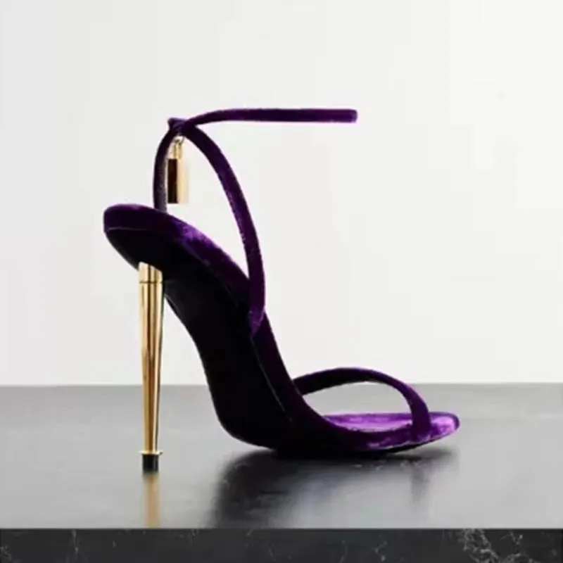 Velvet Padlock Decor Metal High Heels Open Toe Sandals