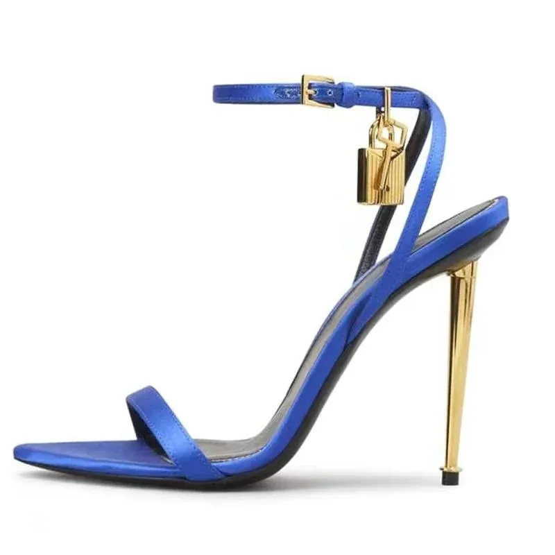 Velvet Padlock Decor Metal High Heels Open Toe Sandals
