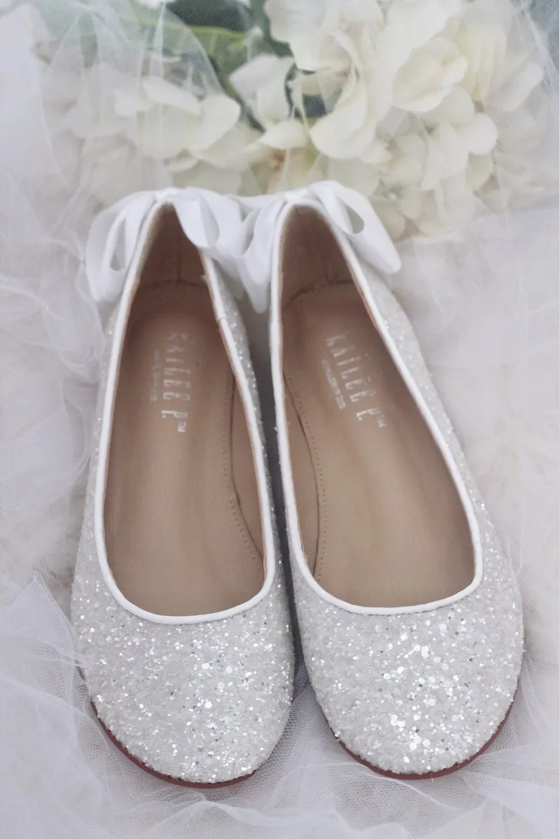 White Glitter Round Toe Flats with Bow