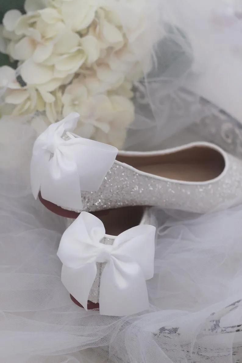 White Glitter Round Toe Flats with Bow