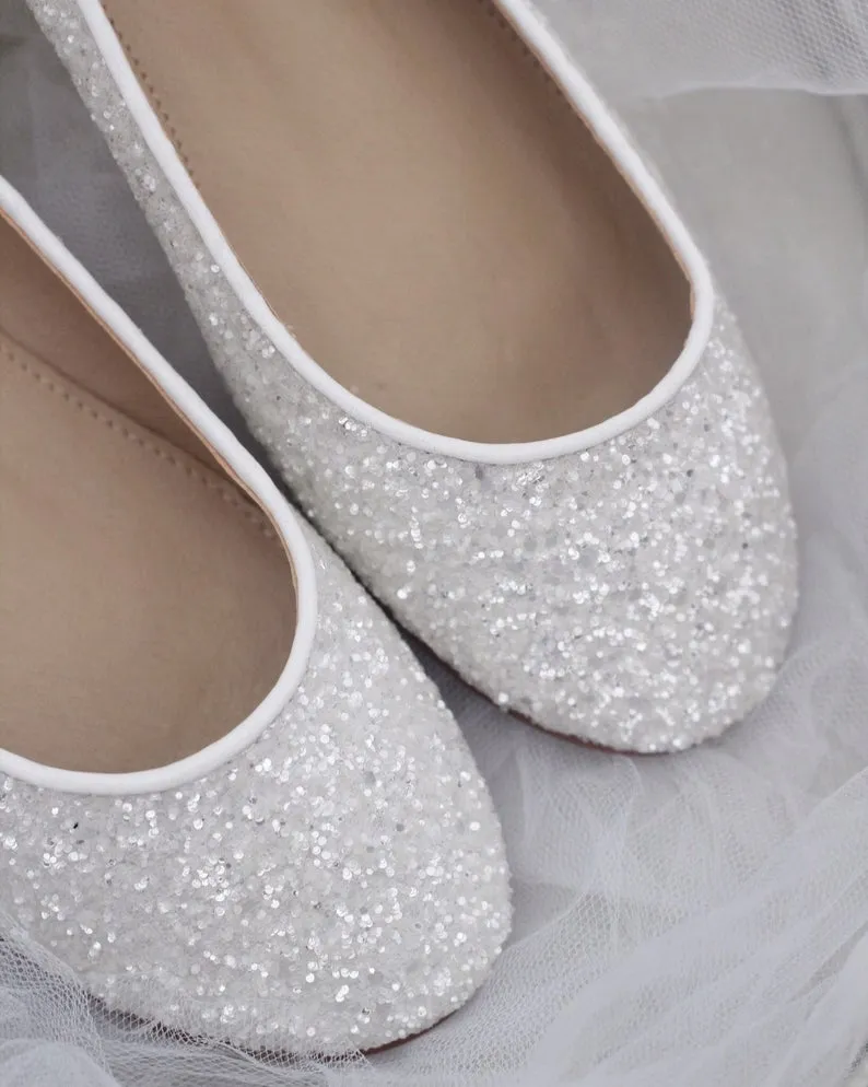 White Glitter Round Toe Flats with Bow