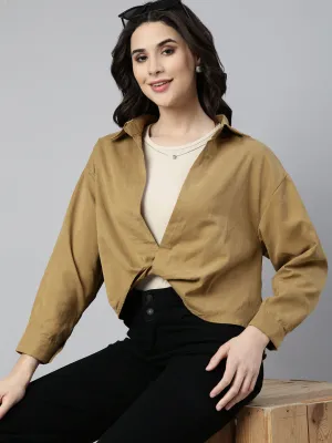 Women Khaki Shirt Collar Cuffed Sleeves Twisted Shirt Style Top With Tank Top