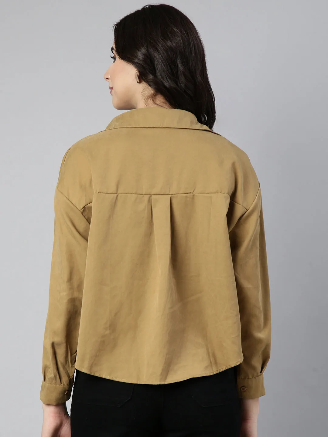 Women Khaki Shirt Collar Cuffed Sleeves Twisted Shirt Style Top With Tank Top