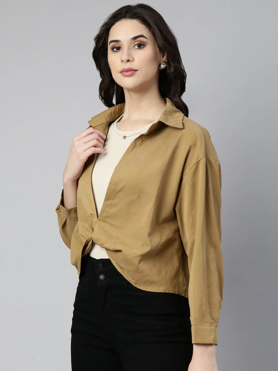 Women Khaki Shirt Collar Cuffed Sleeves Twisted Shirt Style Top With Tank Top